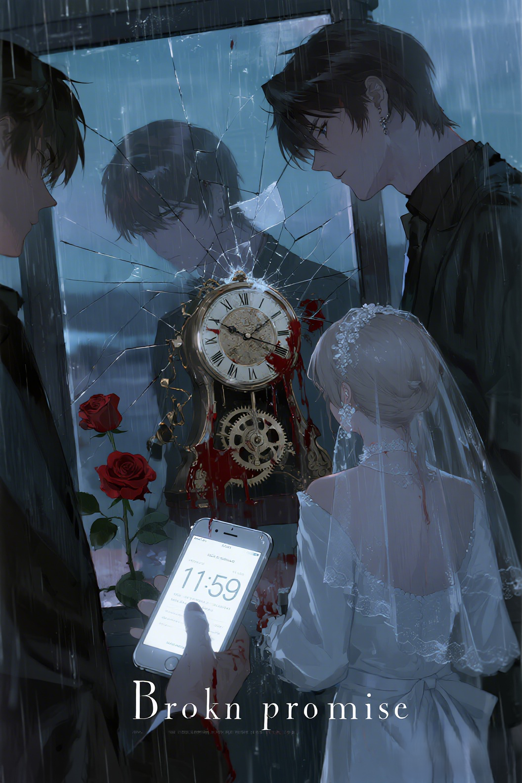 jimeng-2026-03-14-8182-插画、古风插画、电影感、故事感、 哥特美学_破碎时钟_红白玫瑰_雨夜医院_双重…