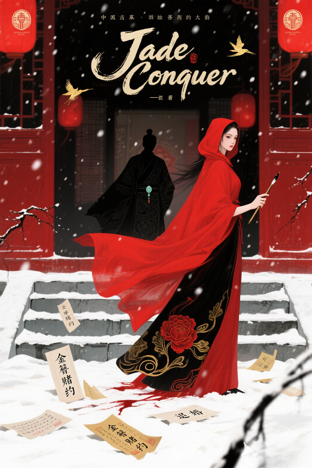 jimeng-2026-03-26-7017-插画、漫画感插画、电影感、故事感、 红黑美学_权谋爱情_古风逆袭_雪夜契约_双面…