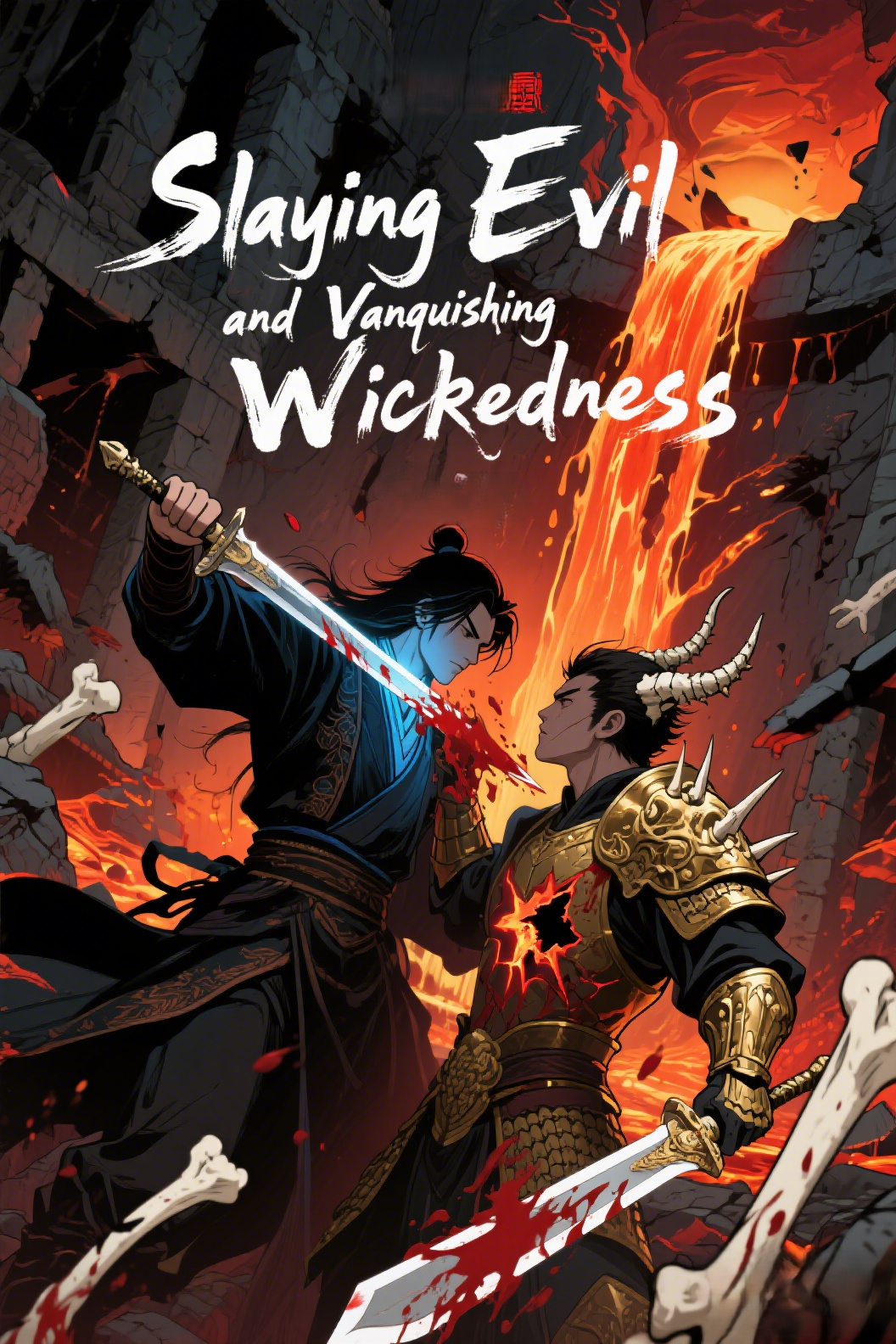 jimeng-2026-03-27-3766-插画、漫画感插画、电影感、故事感、 热血武侠_少年逆袭_邪骨噬魂_宿命对决_电影…