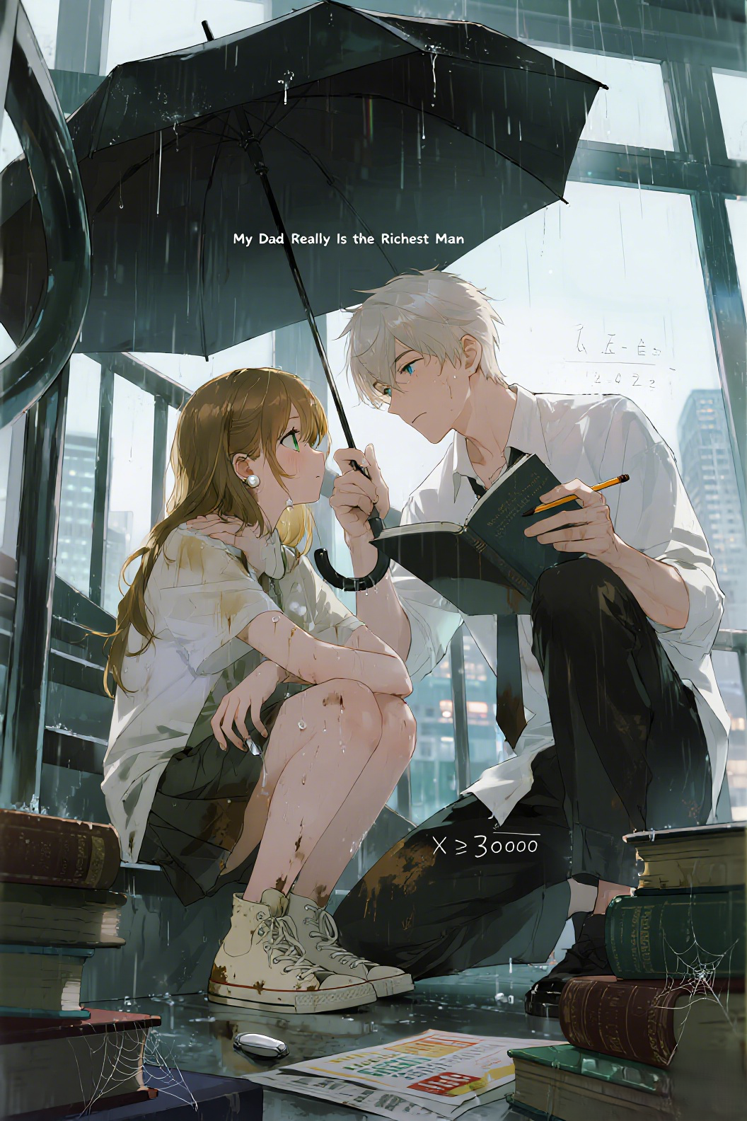 jimeng-2026-03-30-7206-插画、漫画感插画、电影感、故事感、 暴雨倾盆的图书馆玻璃幕墙前，18岁的少女（金…