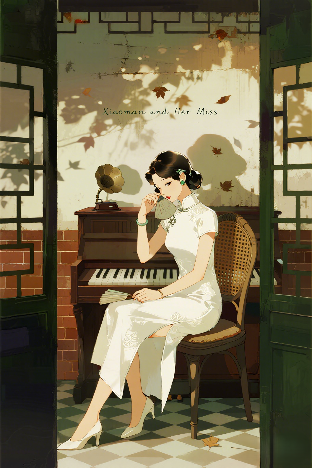 jimeng-2026-03-30-5926-插画、漫画感插画、电影感、故事感、 民国风_旗袍_留声机_钢琴_折扇_中西合璧_…
