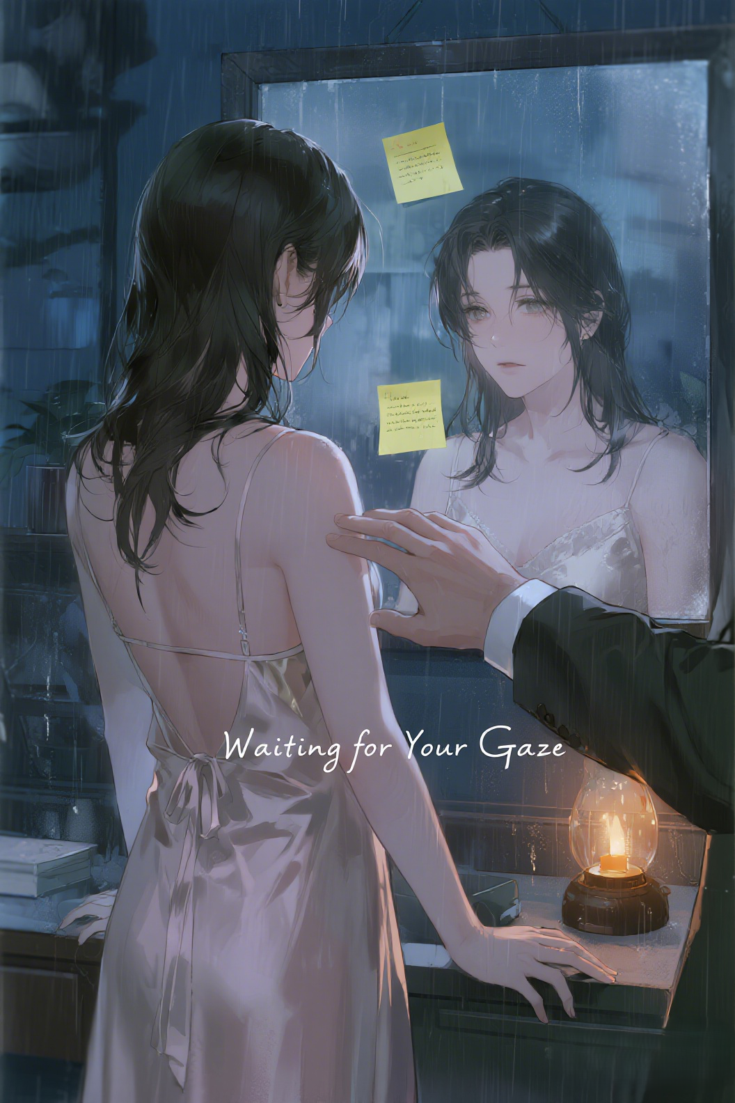 jimeng-2026-04-01-3388-插画、古风插画、电影感、故事感、 女主角温书背对镜头站立，她身穿一件丝质的吊带睡…