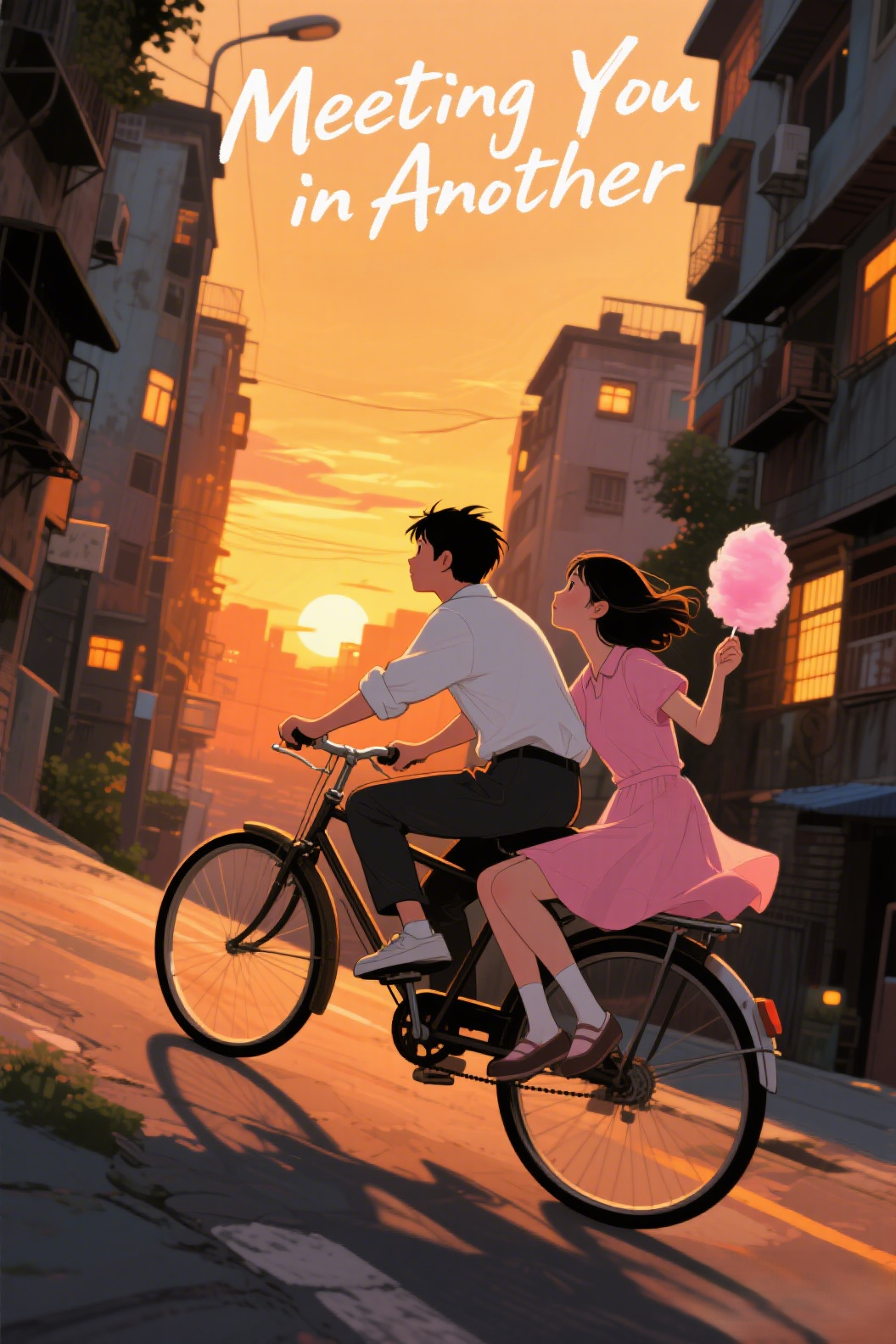 jimeng-2026-04-02-6629-插画、漫画插画、电影感、故事感、氛围感 画面具有强烈的电影感。主体是陈念骑着老式…