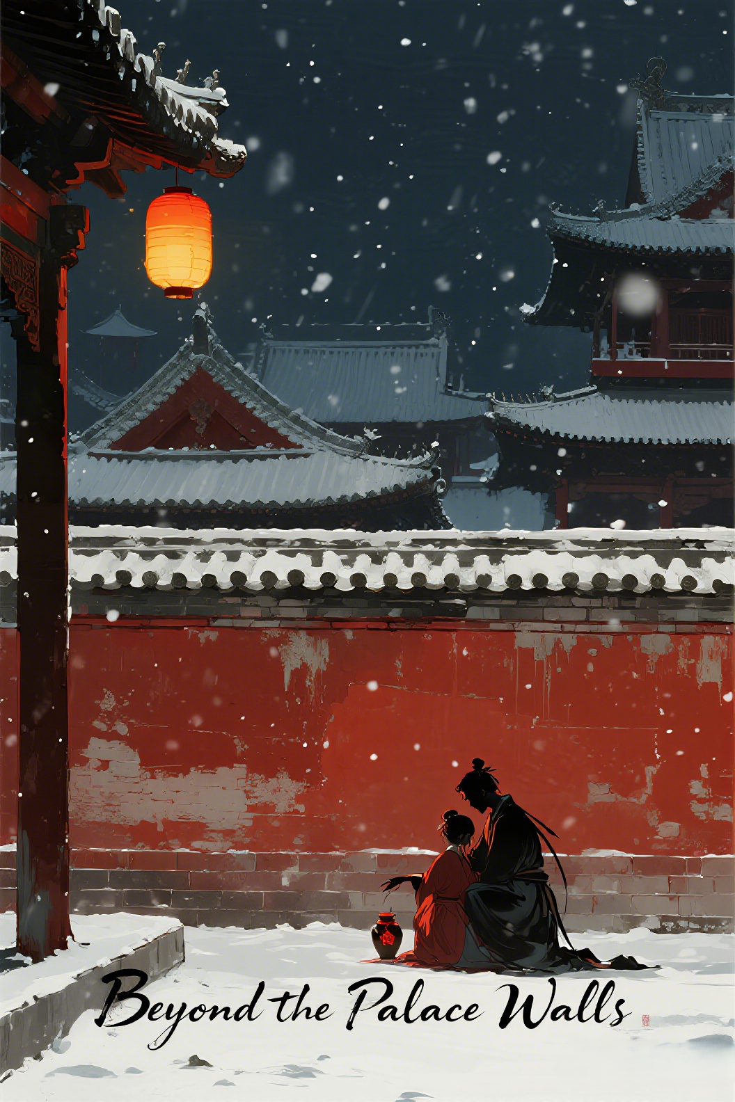 jimeng-2026-04-02-2648-插画、漫画插画、电影感、故事感、氛围感 深夜，大雪纷飞。画面中央是一段斑驳的朱红…