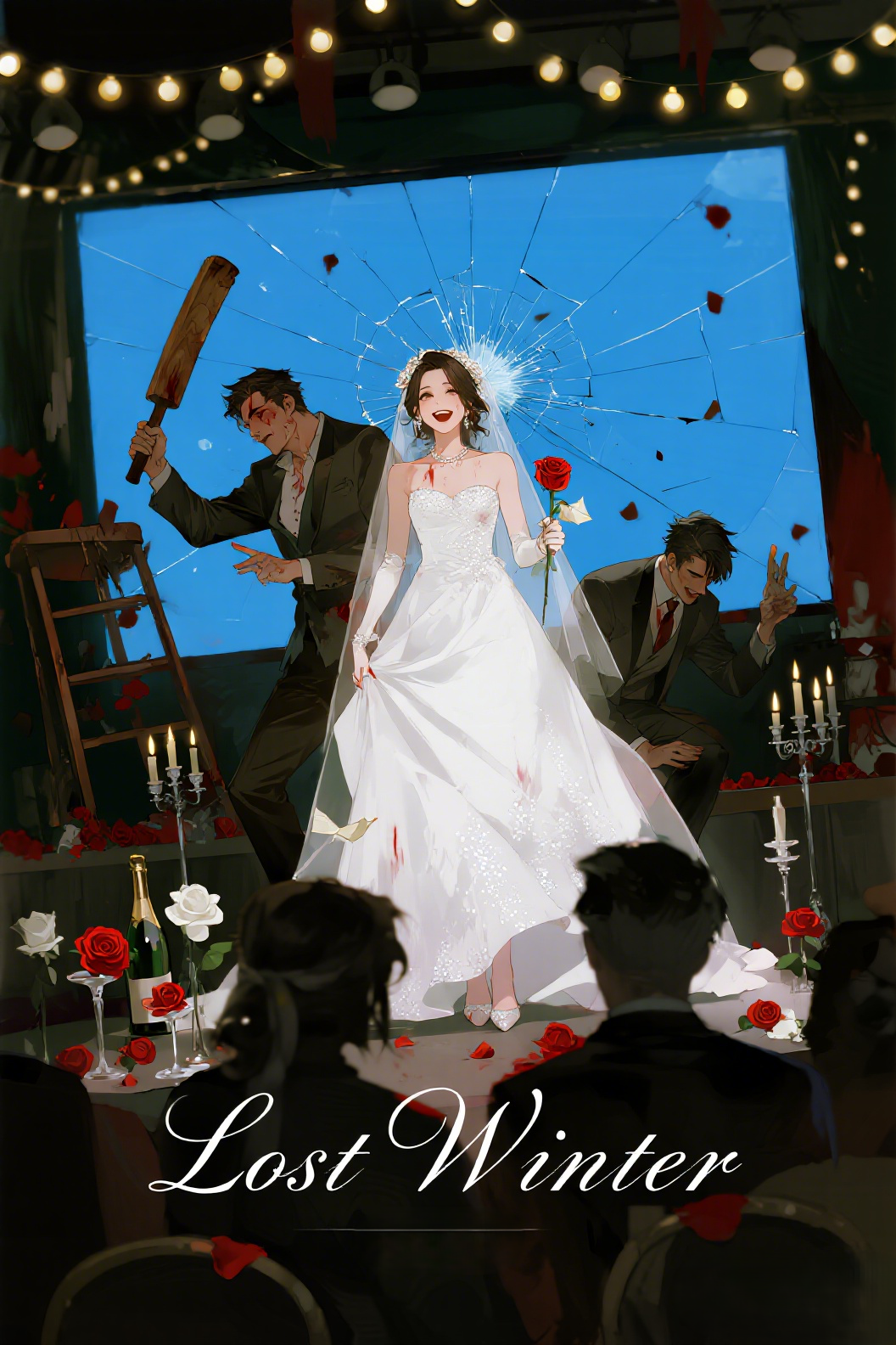 jimeng-2026-04-07-1938-插画、古风插画、电影感、故事感、氛围感 婚礼、复仇新娘、断眉男人（梁蛟特征）、纸…