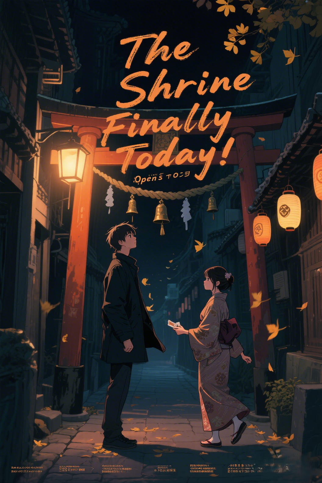 jimeng-2026-04-08-1796-插画、漫画感插画、电影感、故事感、氛围感 画面主体：小神社鸟居，青年男子（清冷_…