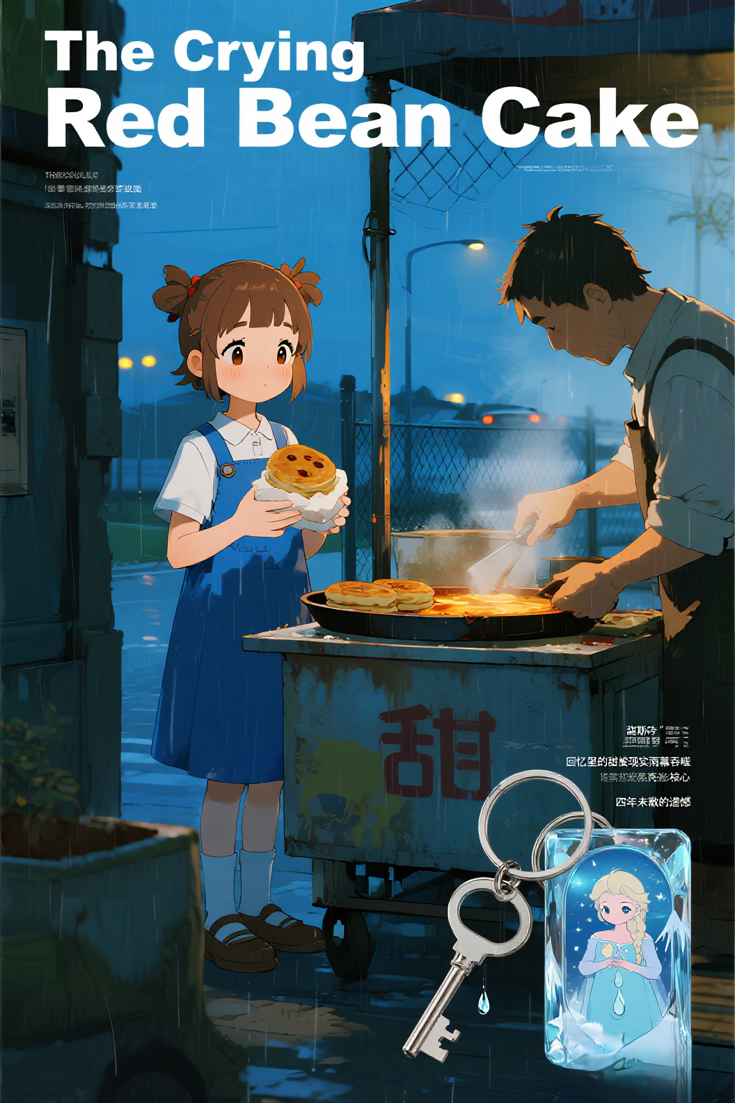 jimeng-2026-04-08-9366-插画、漫画感插画、电影感、故事感、氛围感 哭泣的红豆饼、蓝色背带裙女孩、幼儿园门…