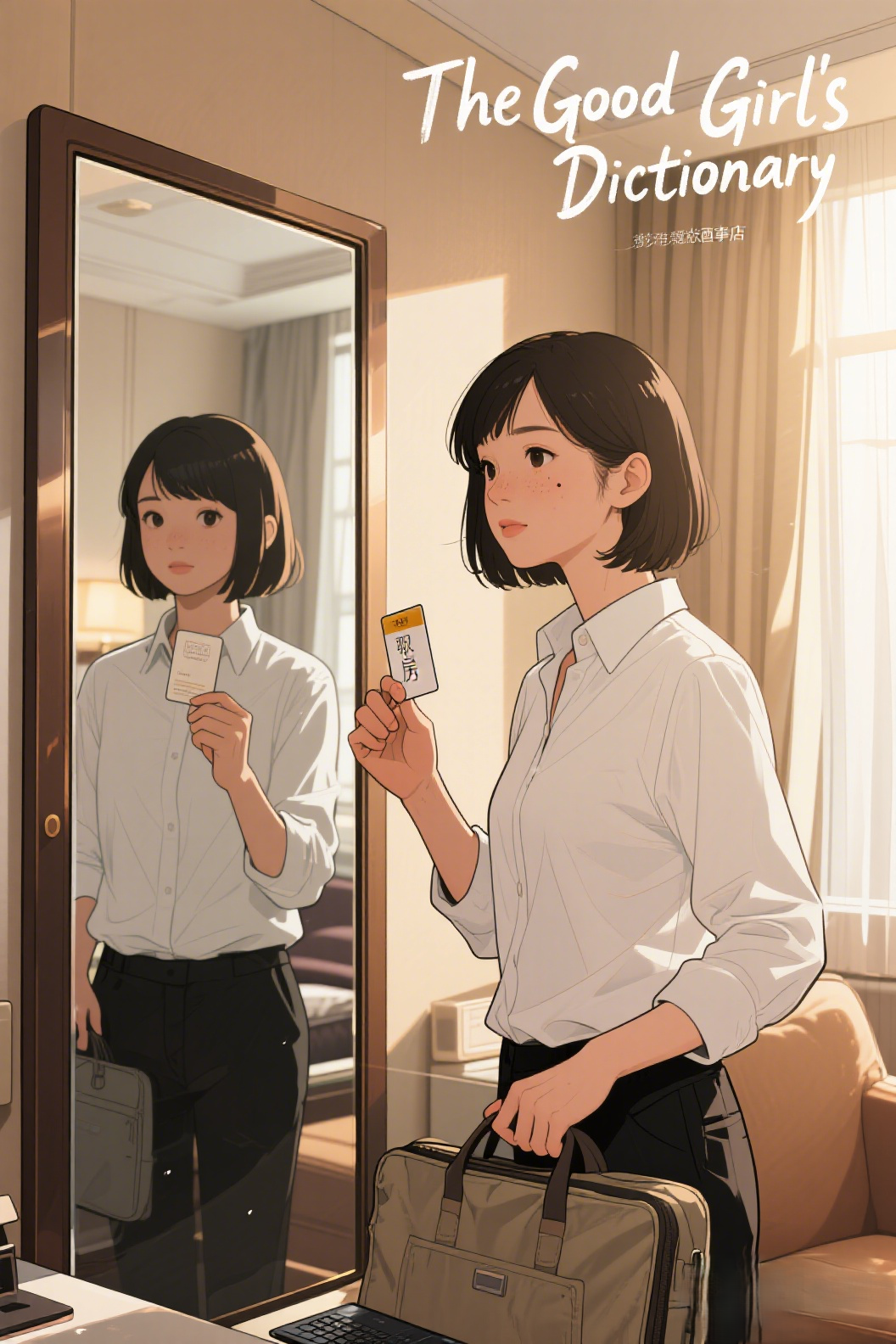 jimeng-2026-04-08-1084-插画、漫画感插画、电影感、故事感、氛围感 主体：宋苒站在酒店房间的落地镜前，穿一…