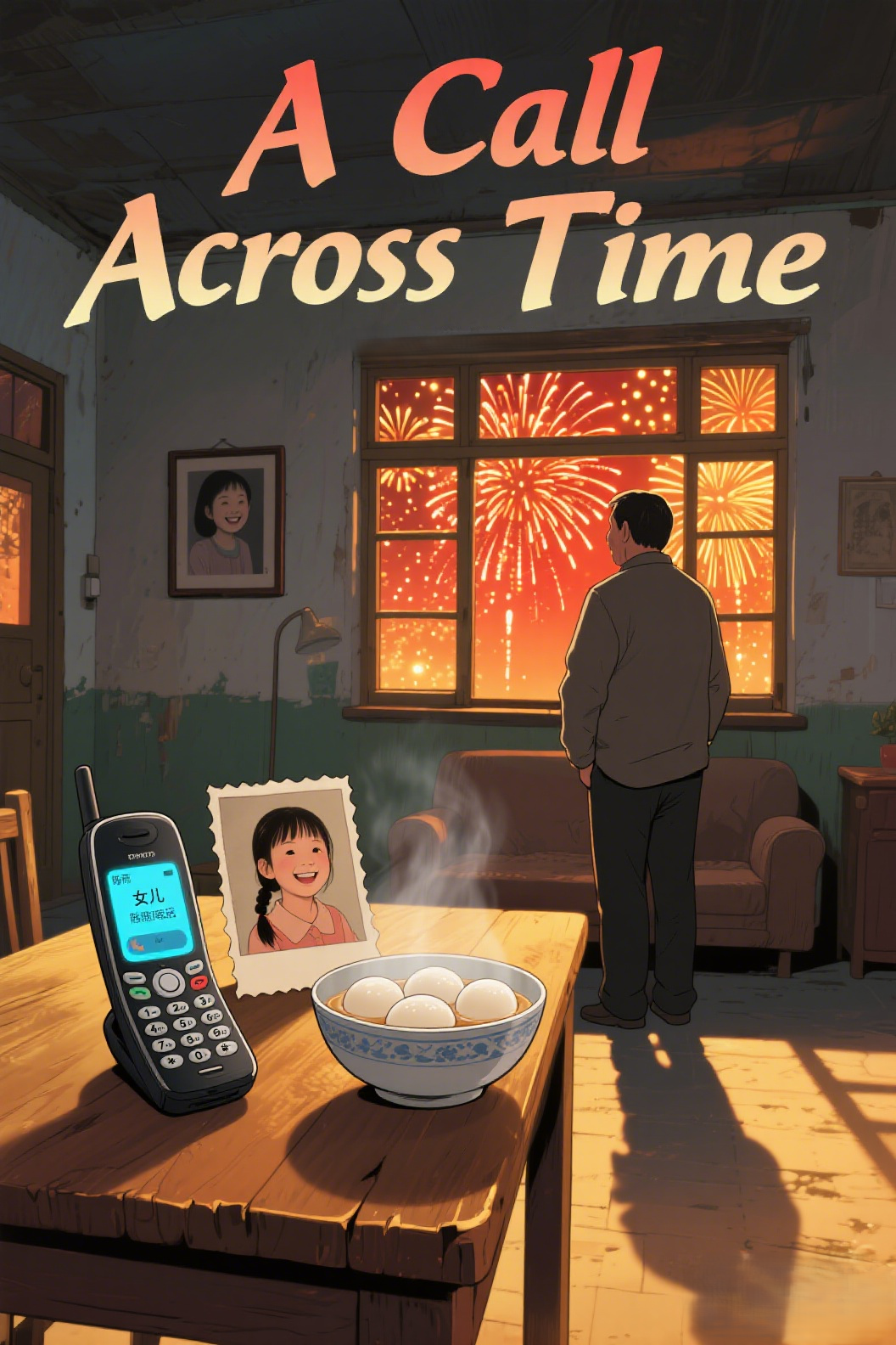 jimeng-2026-04-10-1863-插画、漫画感插画、漫画感插画、电影感、故事感、氛围感 时空通话、父女诀别、201…