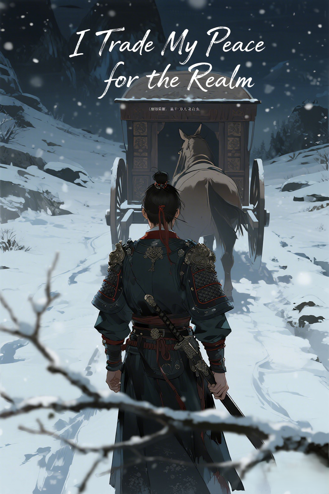 jimeng-2026-04-11-1373-插画、古风插画、漫画感插画、电影感、故事感、氛围感 漫天飞雪的苍茫黑夜，一条崎岖…