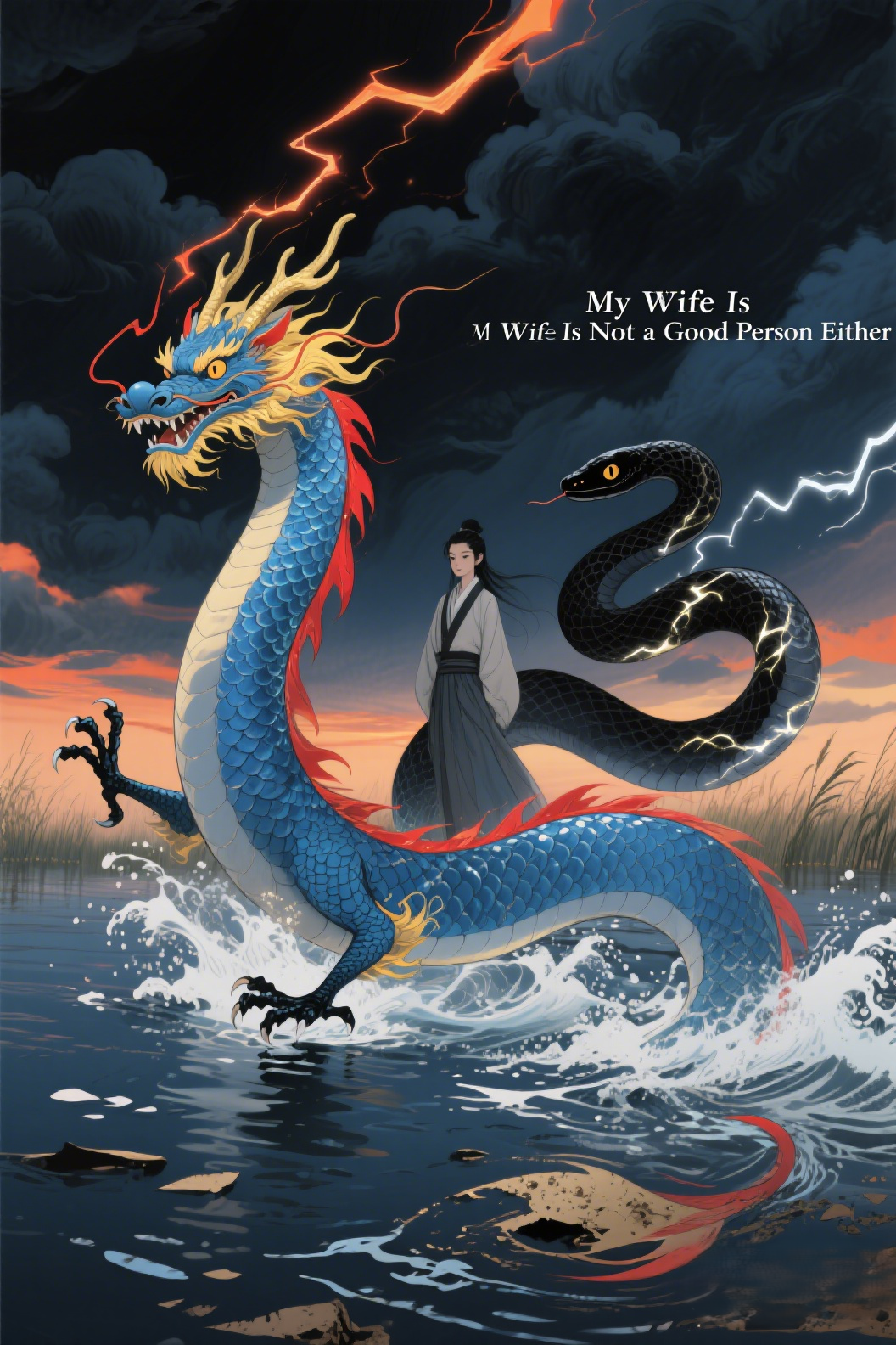 jimeng-2026-04-15-9611-插画、古风插画、电影感、故事感、氛围感 蓝蛟渡劫、黑蟒护妻、大泽雷暴、逆鳞碎裂、…