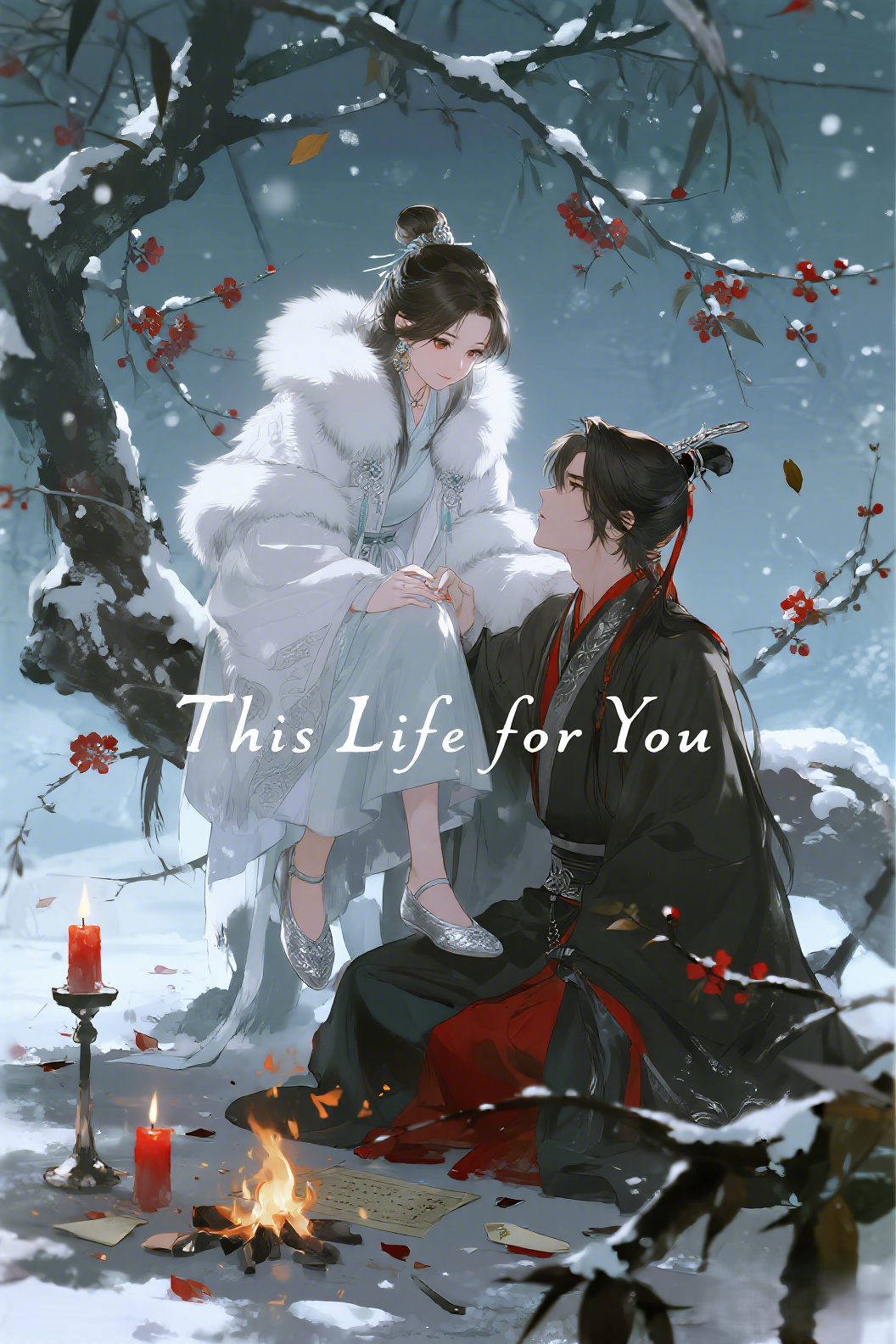 jimeng-2026-04-16-8260-插画、古风插画、电影感、故事感、氛围感 古风少女、宋雁书、银丝锦缎、白狐裘、落雪…