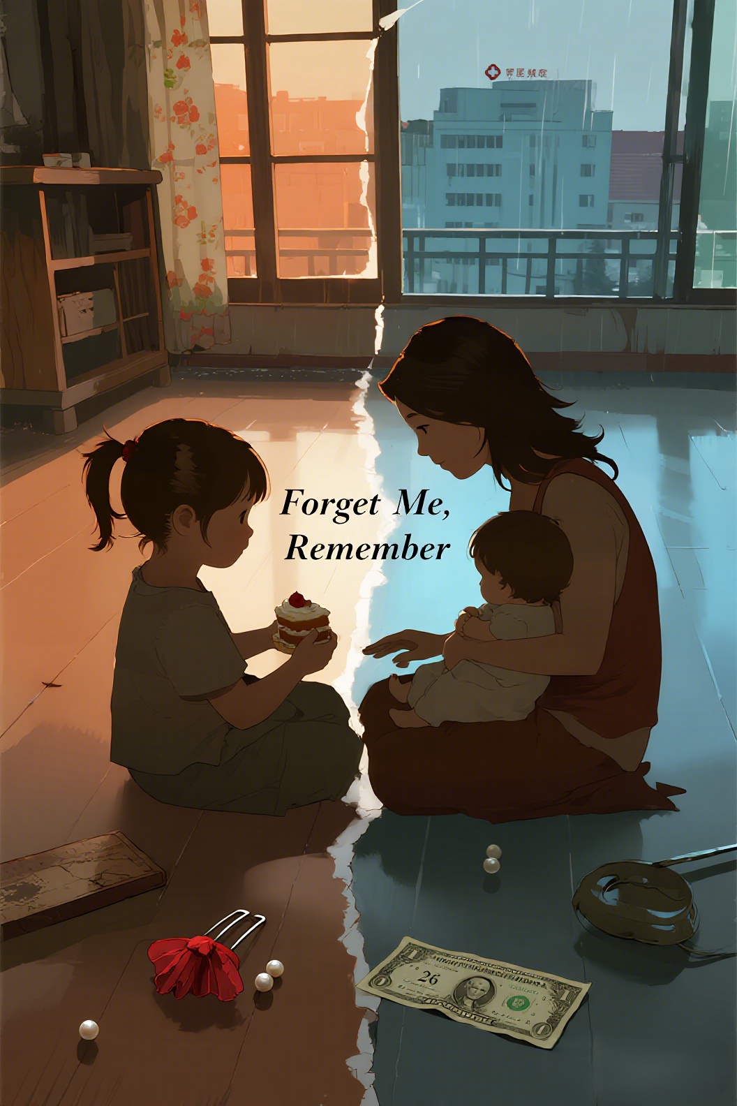 jimeng-2026-04-18-3680-插画、古风插画、漫画感插画、电影感、故事感、氛围感 电影感封面，时光倒流叙事，母…