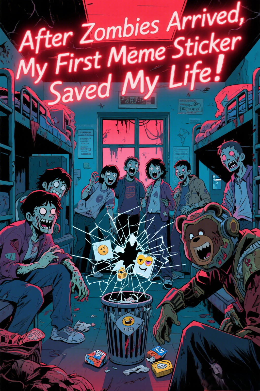 jimeng-2026-04-27-7437-插画、古风插画、漫画感插画、电影感、故事感、氛围感 电影海报风格，丧尸末日，大学…