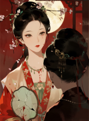 jimeng-2026-06-23-9961-插画、漫画感插画、古风插画、电影感、故事感、氛围感 古风 _ 暗红宫墙 _ 残月…