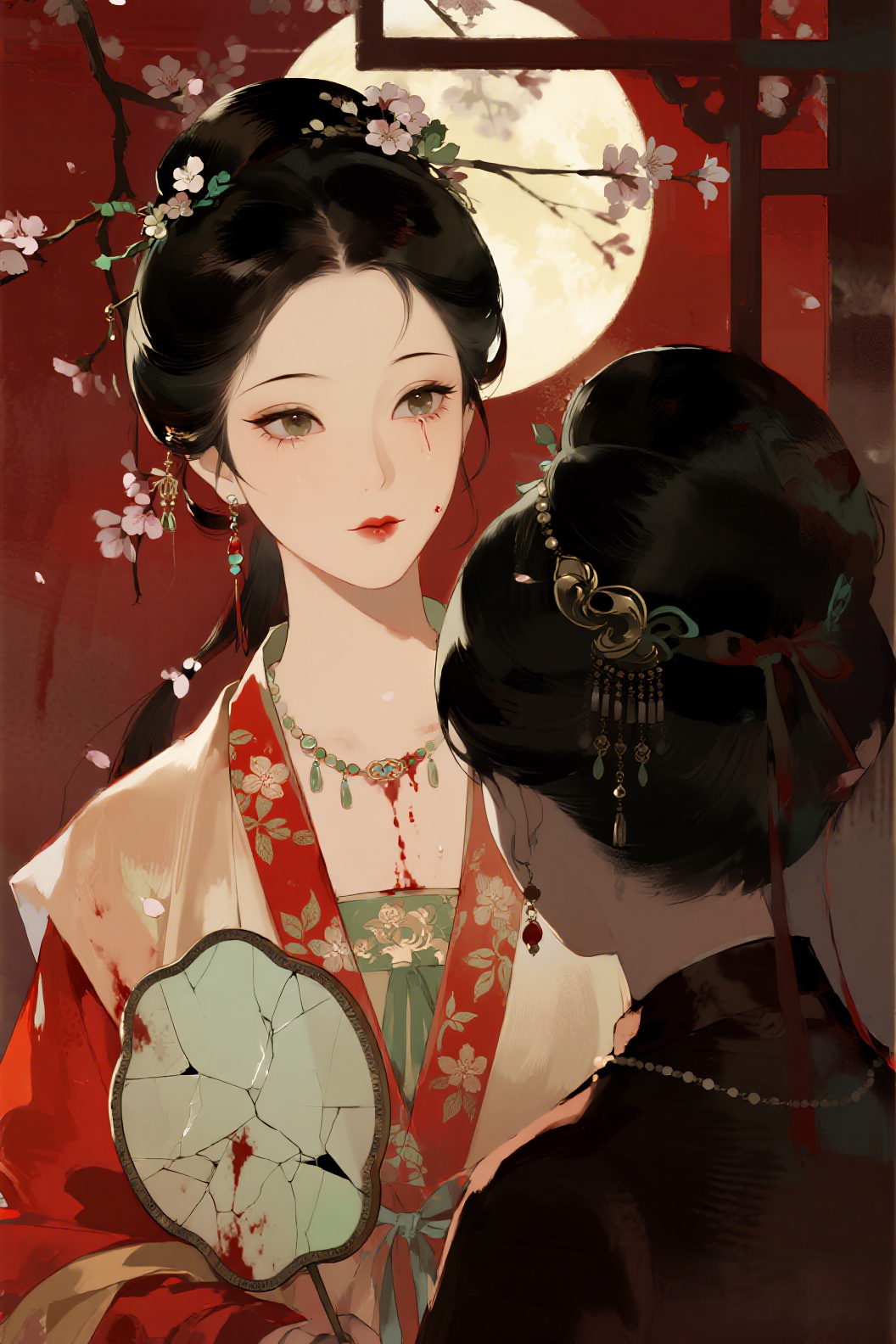 jimeng-2026-06-23-9961-插画、漫画感插画、古风插画、电影感、故事感、氛围感 古风 _ 暗红宫墙 _ 残月…