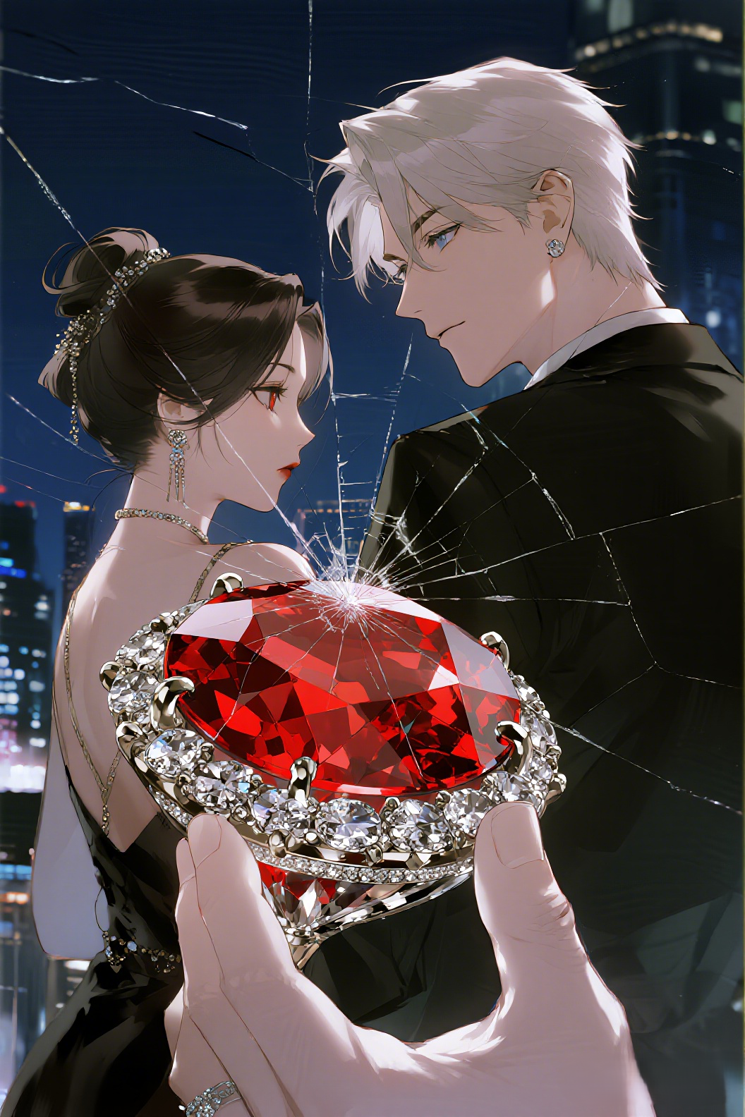 jimeng-2026-06-23-4449-插画、漫画感插画、古风插画、电影感、故事感、氛围感 电影感，暗调奢华，藏蓝色背景…