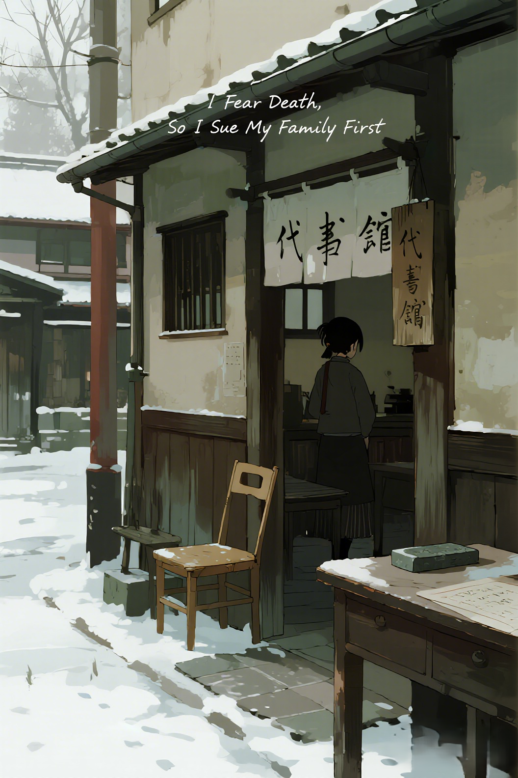 jimeng-2026-06-24-5038-插画、漫画感插画、古风插画、电影感、故事感、氛围感 远景。大雪或晨光中的一条僻静…