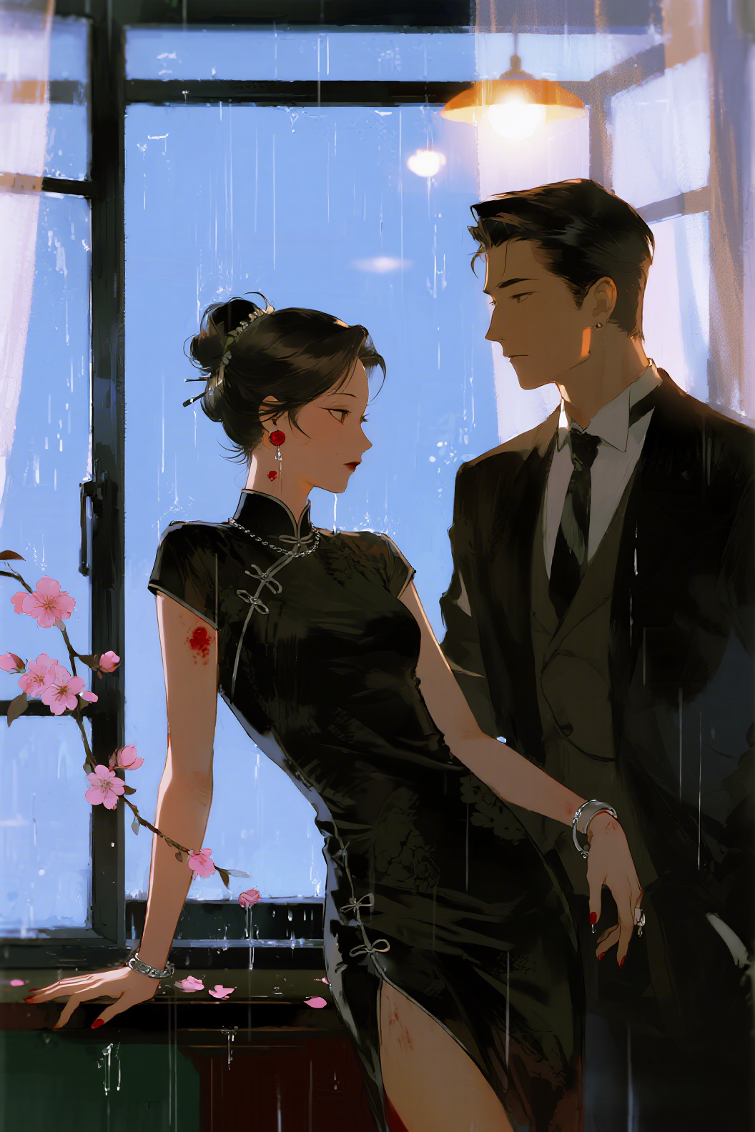 jimeng-2026-06-26-6799-插画、漫画感插画、古风插画、电影感、故事感、氛围感 港风复古，电影感，侧脸剪影，…