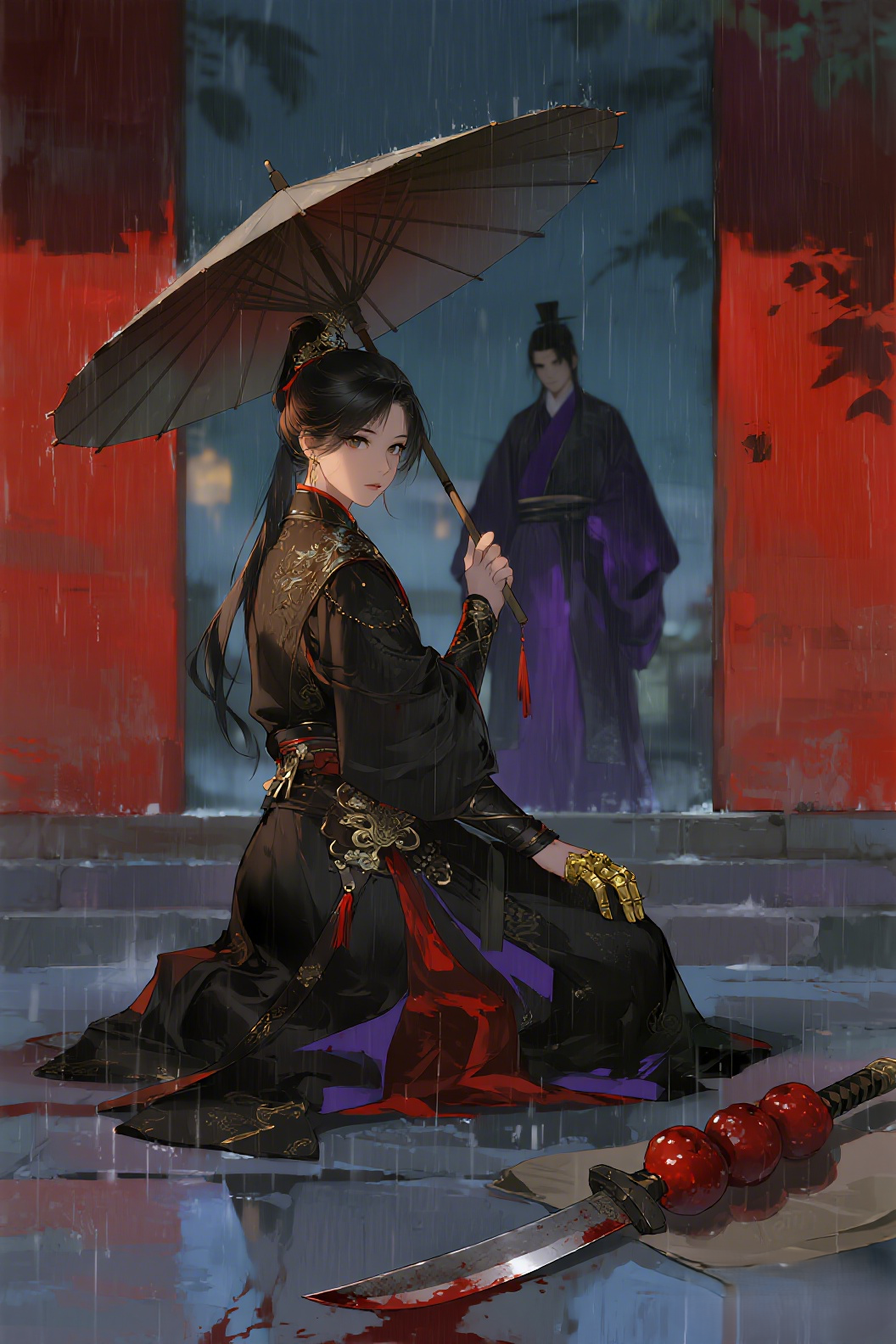 jimeng-2026-06-26-5133-插画、漫画感插画、古风插画、电影感、故事感、氛围感 画面中央，不再是卑微跪着的少…