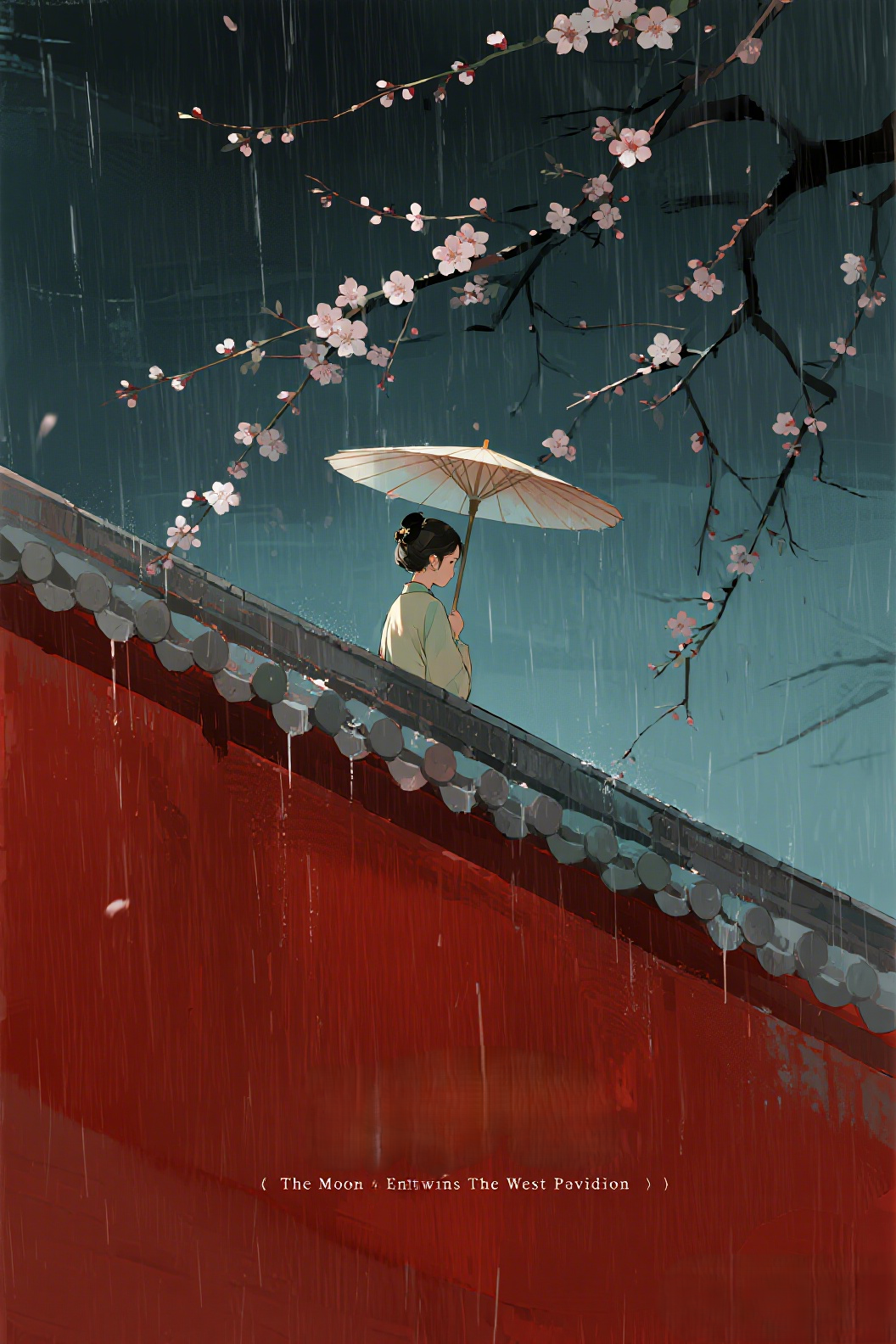 jimeng-2026-07-02-3727-插画、漫画感插画、电影感、故事感、氛围感 古风，电影感，暗红色宫墙，杏花雨，女子…