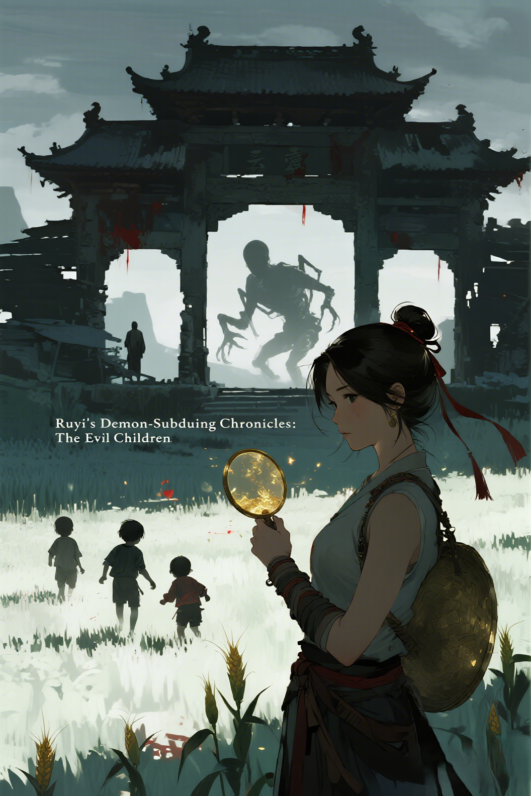 jimeng-2026-07-03-1155-插画、漫画感插画、电影感、故事感、氛围感 暴雨将至的阴沉天空下，一座破败荒凉的山…