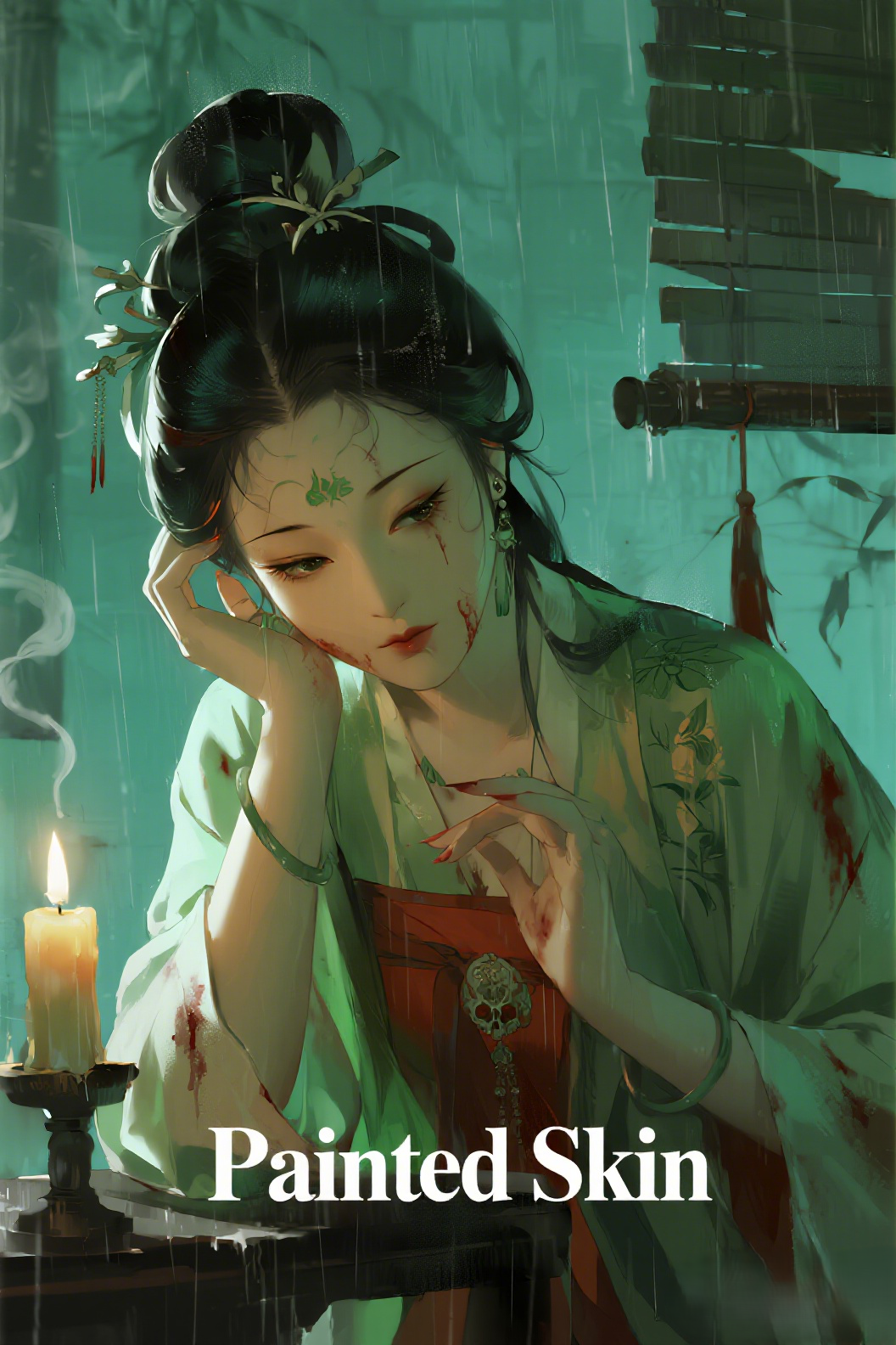 jimeng-2026-07-10-3134-插画、漫画感插画、古风插画、电影感、故事感、氛围感 破庙，残烛，案台白骨，飘落的…
