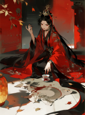 jimeng-2026-07-24-3937-插画、漫画感插画、电影感、故事感、氛围感 血红宫门，幽深密道，明章慈红衣凤袍居高…