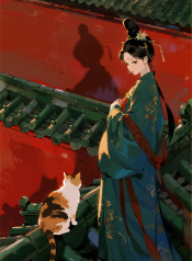 jimeng-2026-07-30-3321-插画、漫画感插画、电影感、故事感、氛围感 俯拍视角, 玳瑁猫背影, 琉璃瓦屋檐,…