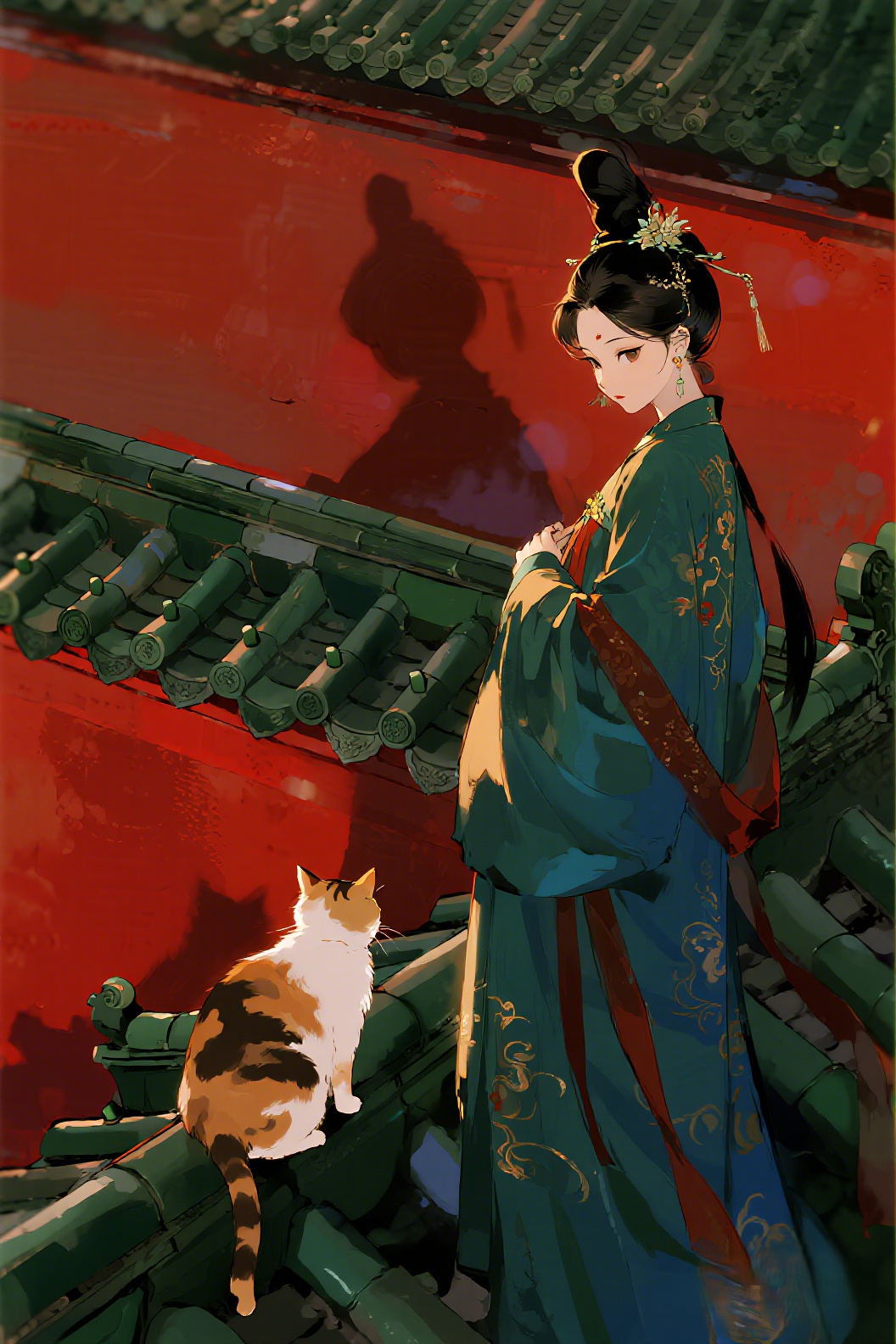 jimeng-2026-07-30-3321-插画、漫画感插画、电影感、故事感、氛围感 俯拍视角, 玳瑁猫背影, 琉璃瓦屋檐,…