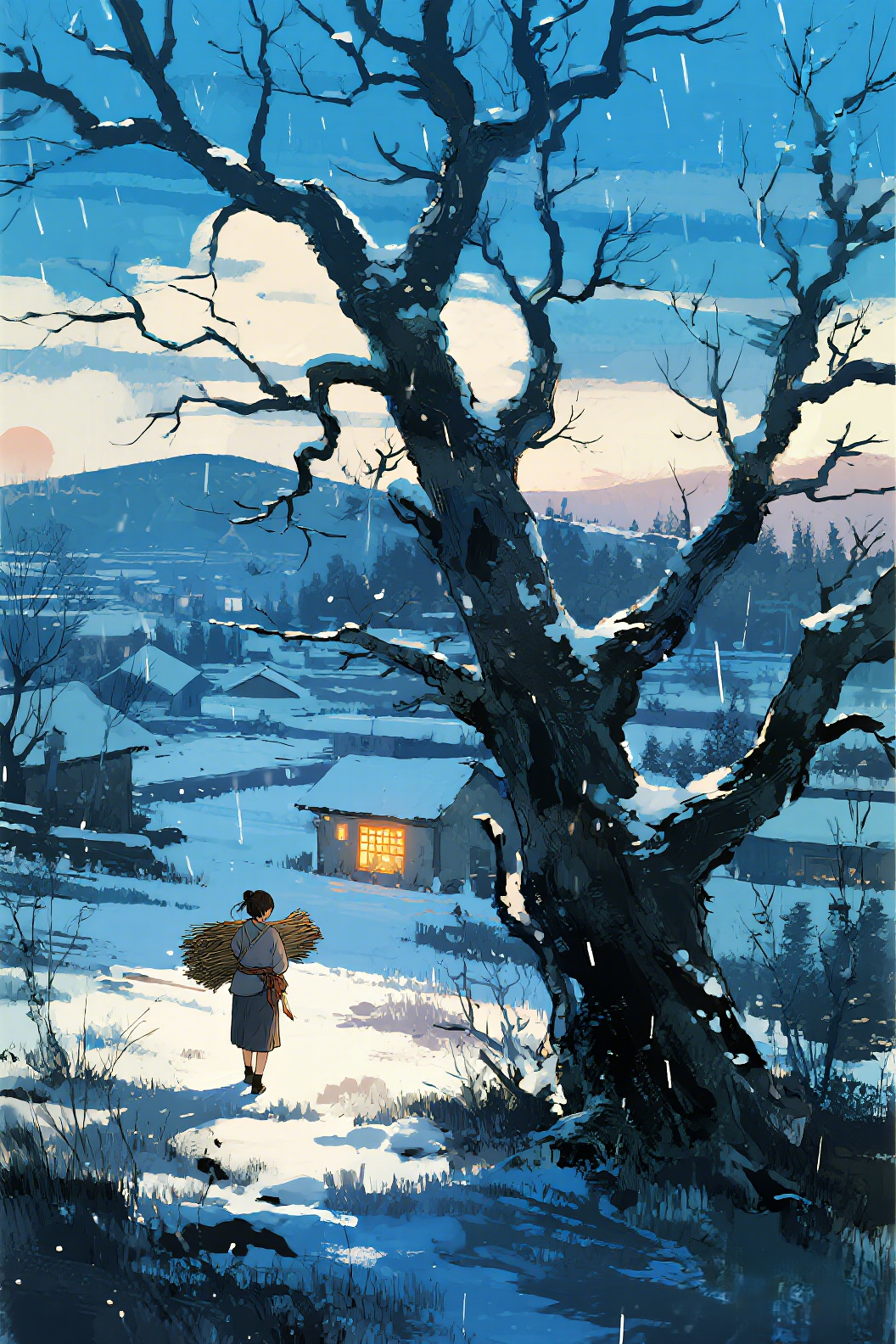 jimeng-2026-07-31-6896-插画、漫画感插画、古风插画、电影感、故事感、氛围感 巨大枯树分割画面，女生身影背…