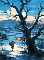jimeng-2026-07-31-6896-插画、漫画感插画、古风插画、电影感、故事感、氛围感 巨大枯树分割画面，女生身影背…