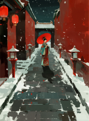 jimeng-2026-09-10-7285-插画、漫画感插画、插画、电影感、故事感、氛围感 雪夜，宫墙，红伞，血色宫灯，她独…